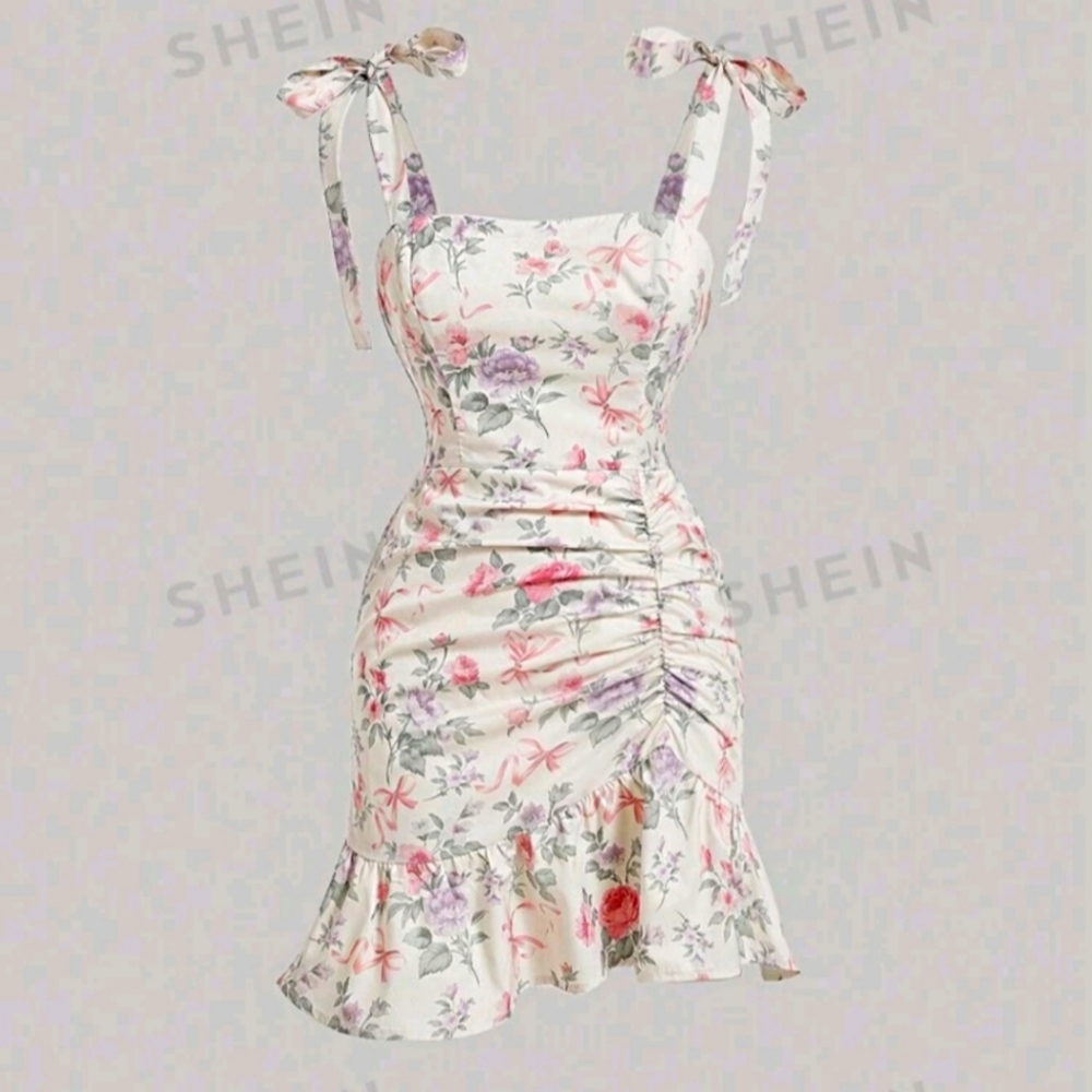 Shein Floral Dress Tie Shoulder Strap Bows